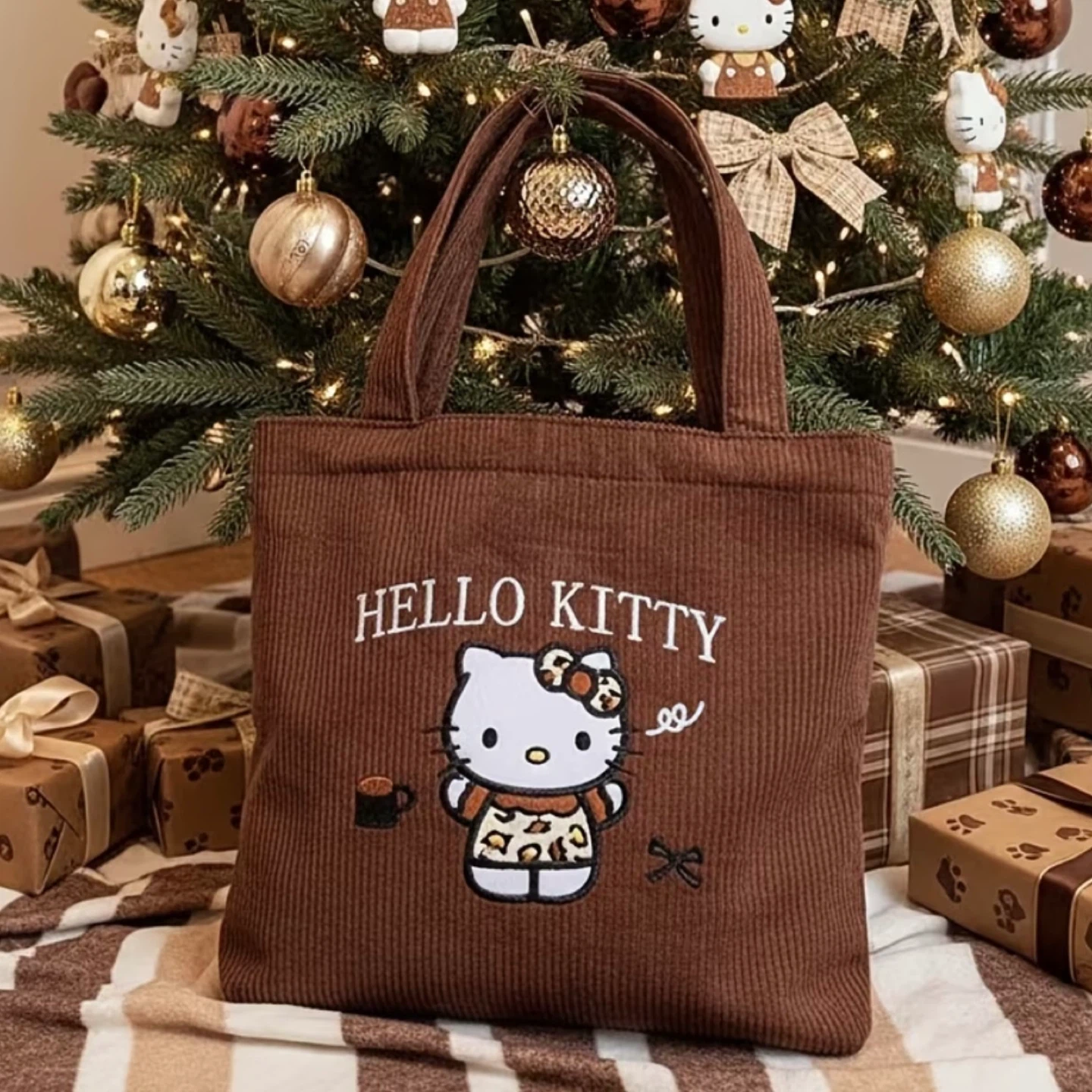 HELLO KITTY Corduroy Brown Leopard Kitty Tote Bag - photo 2