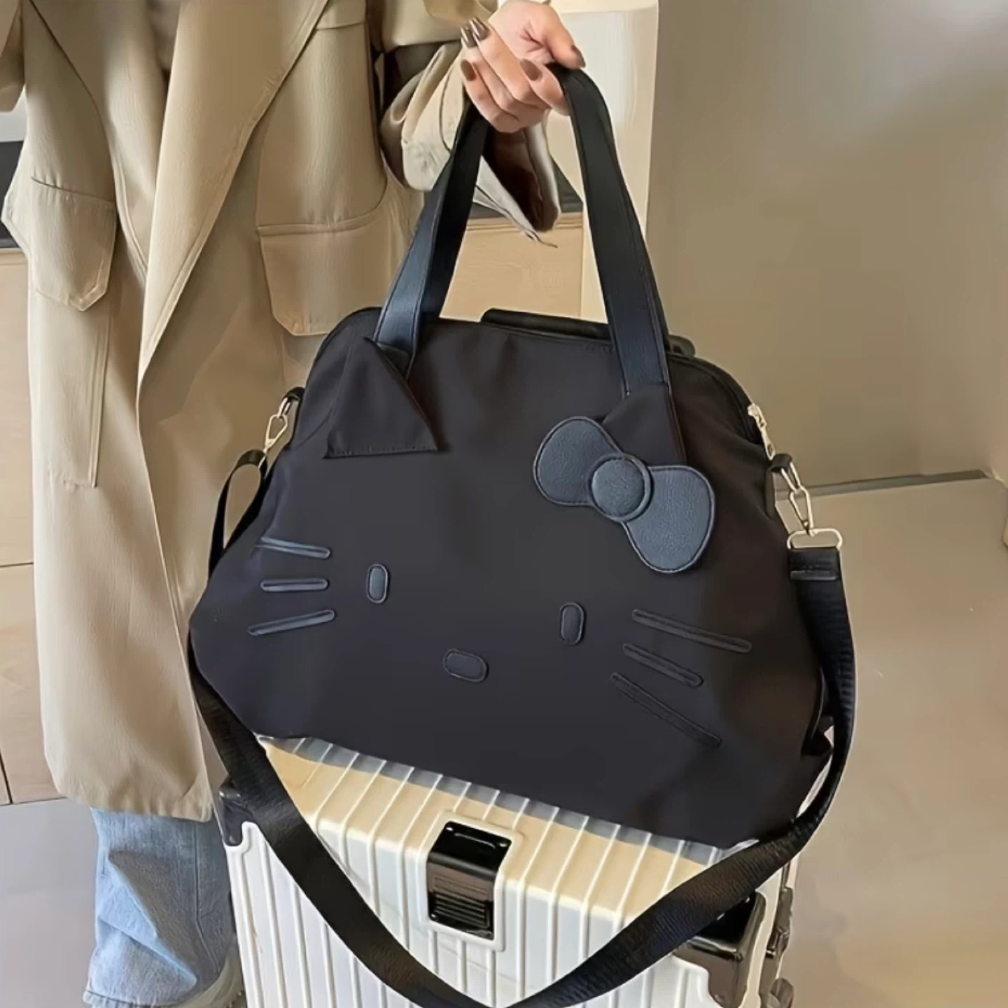 HELLO KITTY Black Nylon Travel Shoulder Tote Bag Extra Large