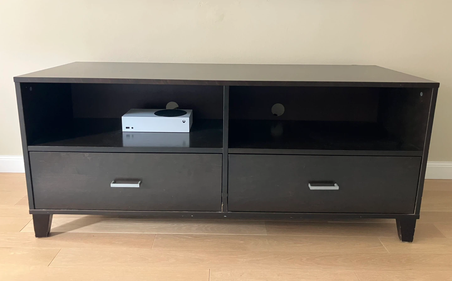 Designer media console, wood in expesso brown