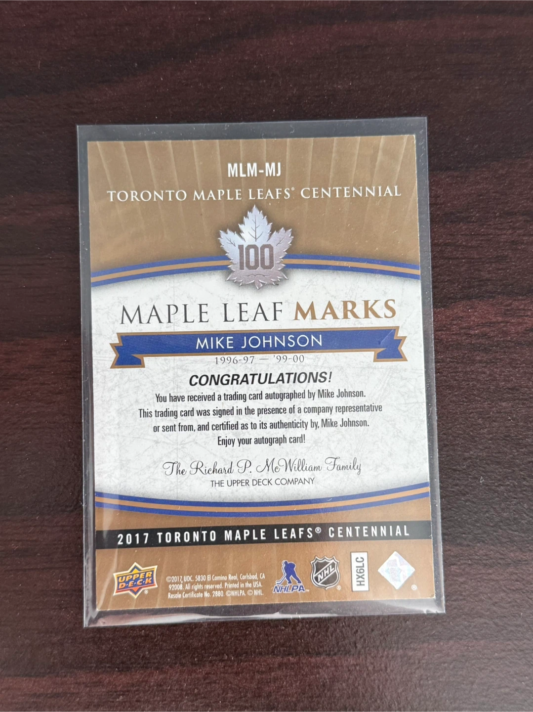 Upper Deck Mike Johnson Toronto Maple Leafs Autographed Card - photo 2
