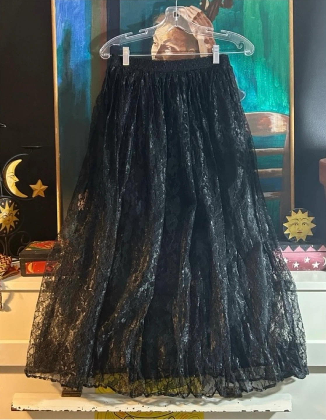 Vintage Black Floral Sheer Lace Pleated Skirt Size M