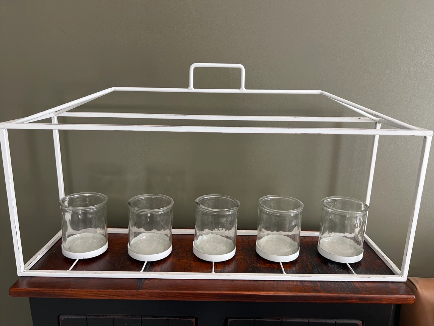 Set of 5 Glass Candle Holders with White Metal Frame