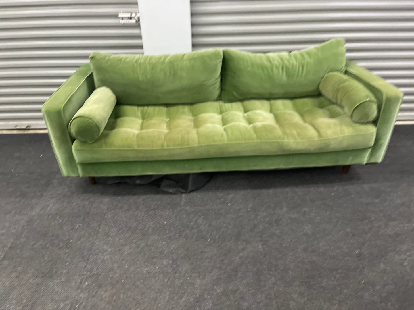 Green Velvet Tufted Sofa with Bolster Pillows
