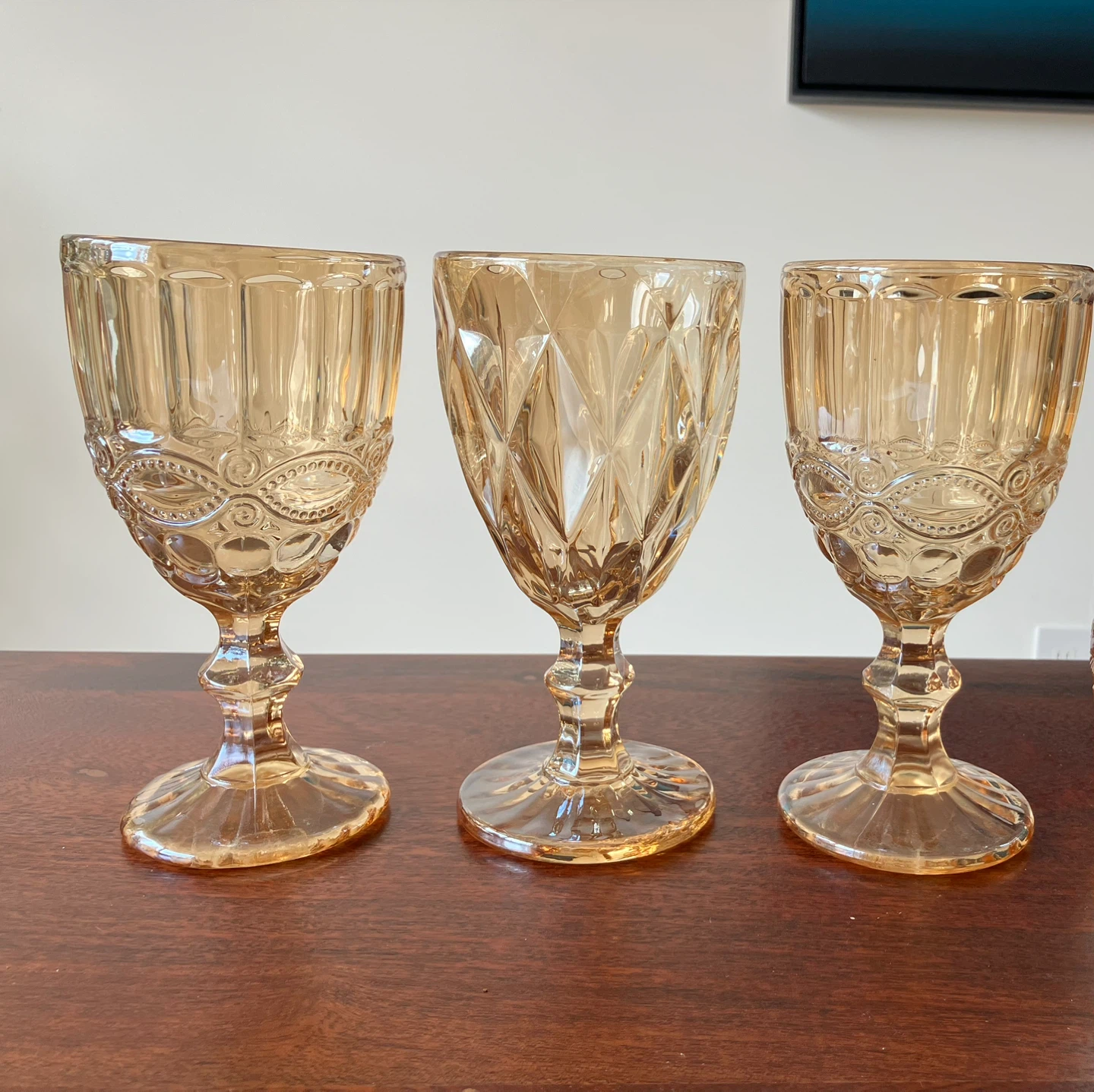3 Amber glass goblets