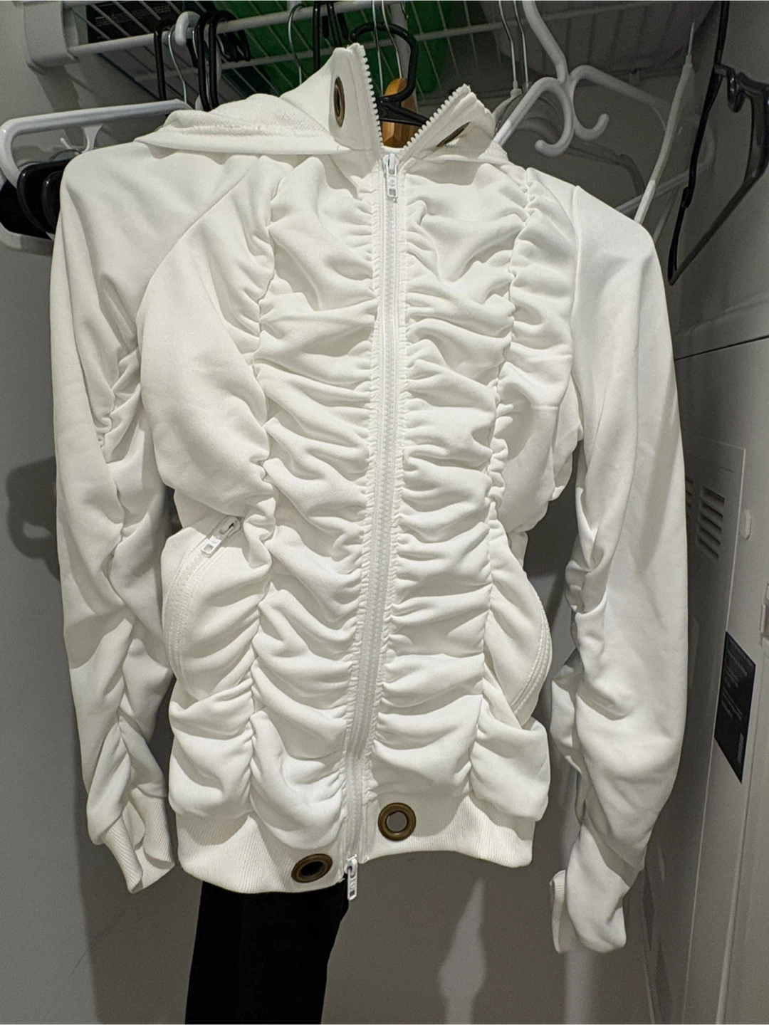White Ruched Zip-Up Hoodie - photo 3