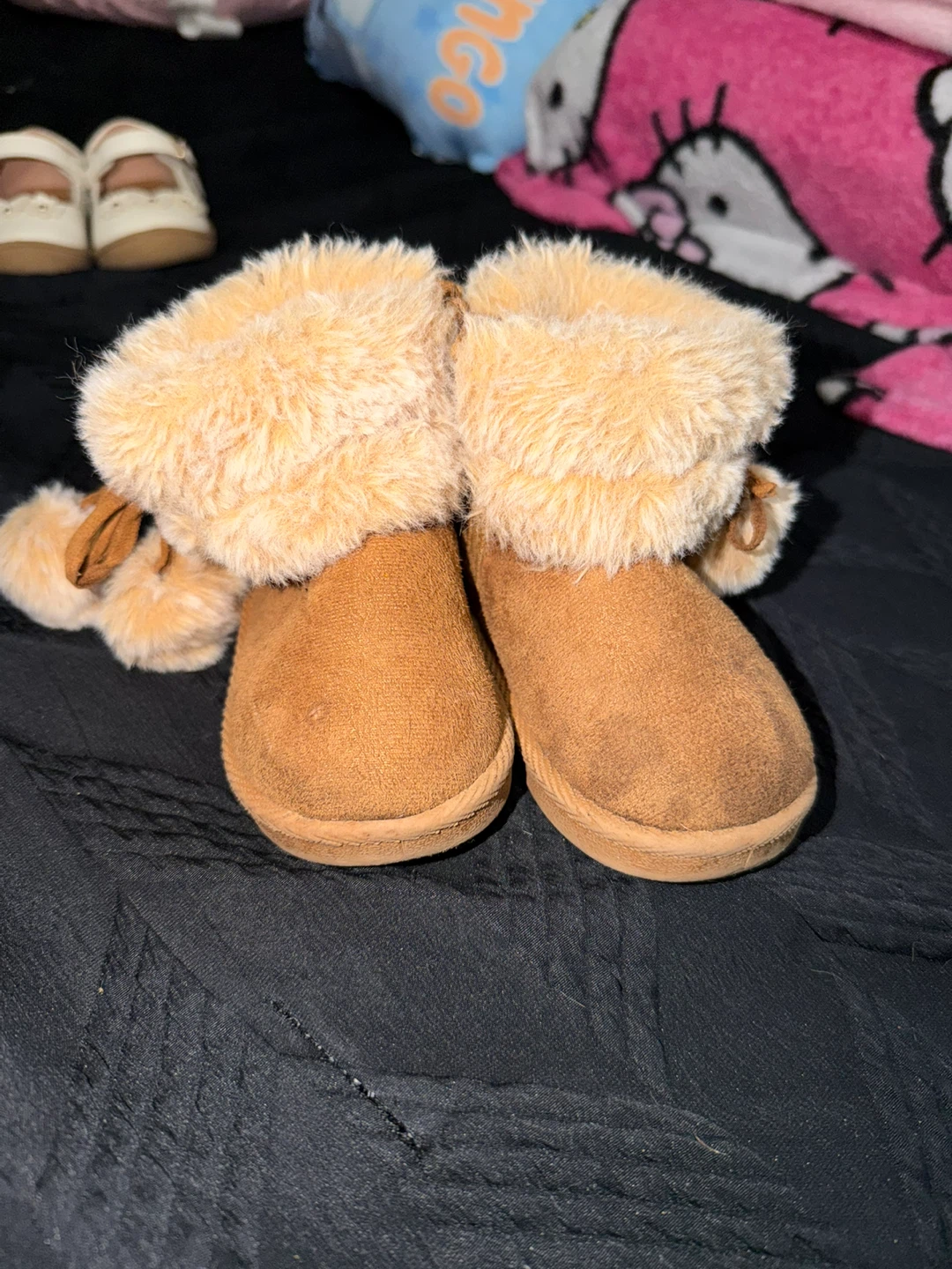 Baby's Tan Faux Fur Lined Boots with Pom Poms