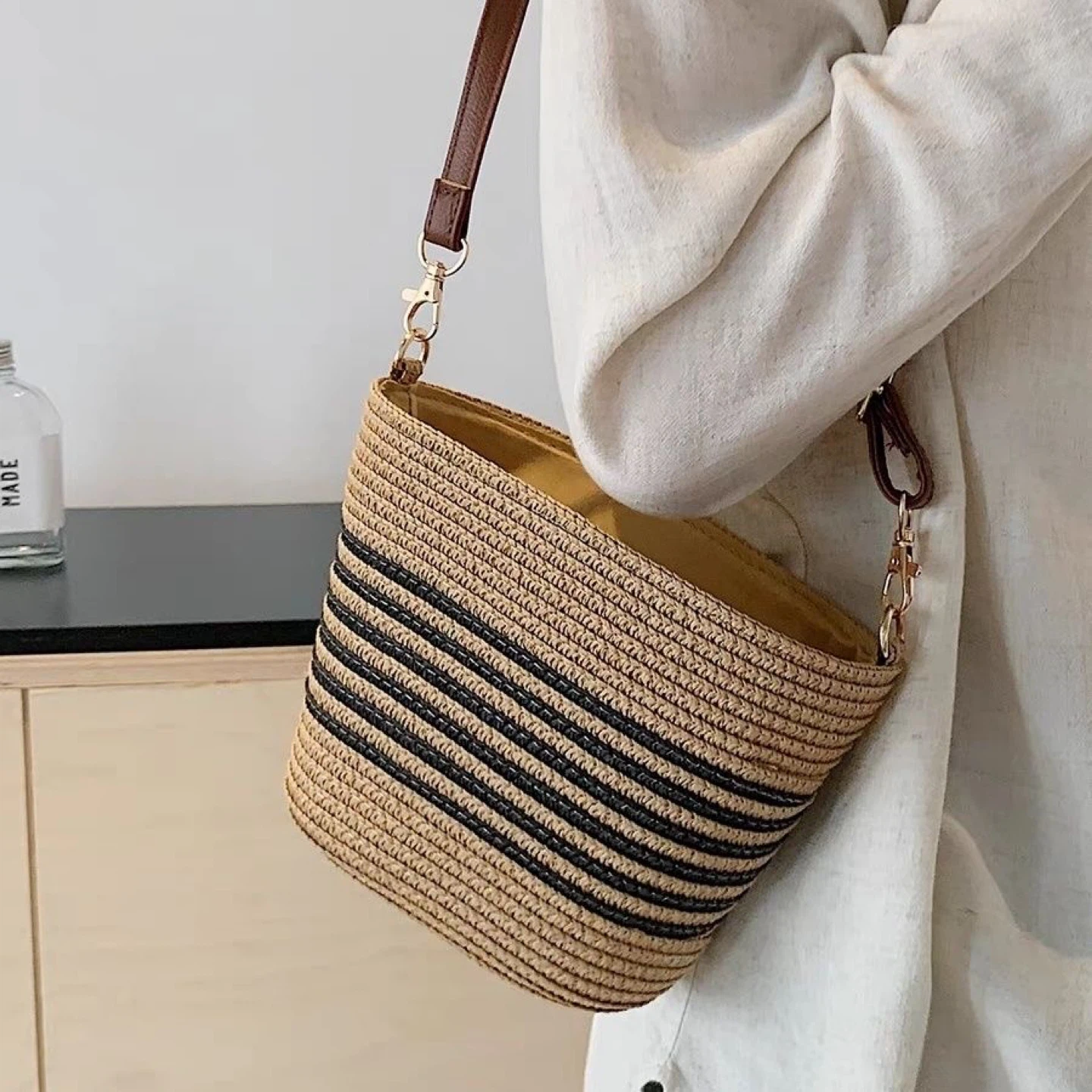 Straw Bucket Bag with Black Stripes