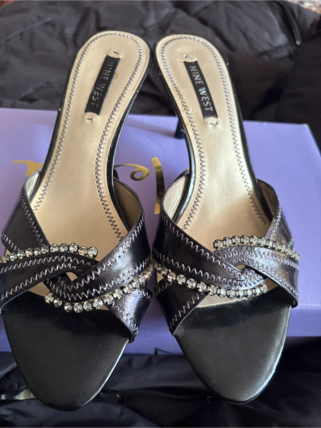 Nine West Black Embellished Heeled Sandals - Size 7.5M