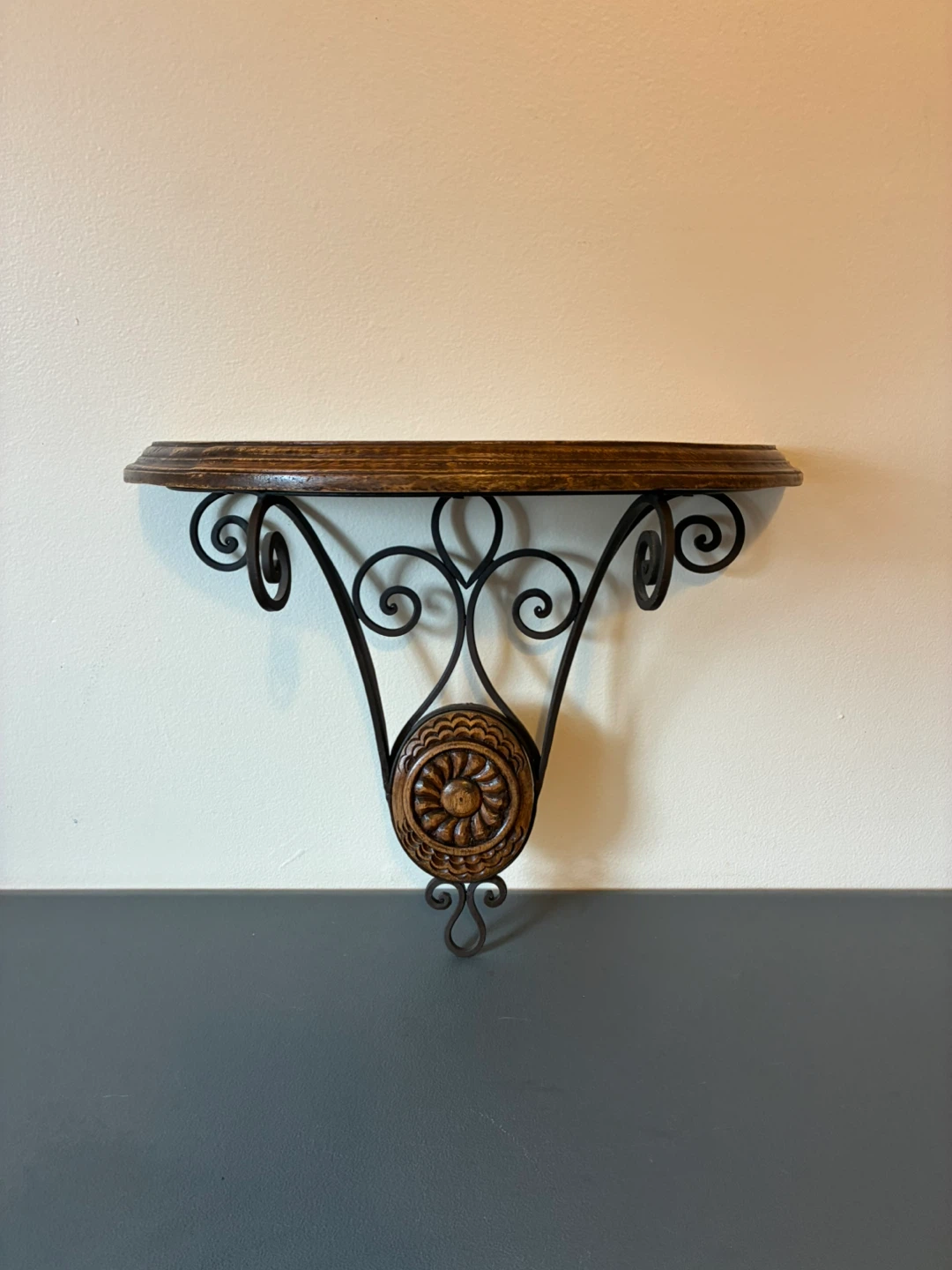 Wooden and Metal Wall Shelf with Decorative Wood Carving