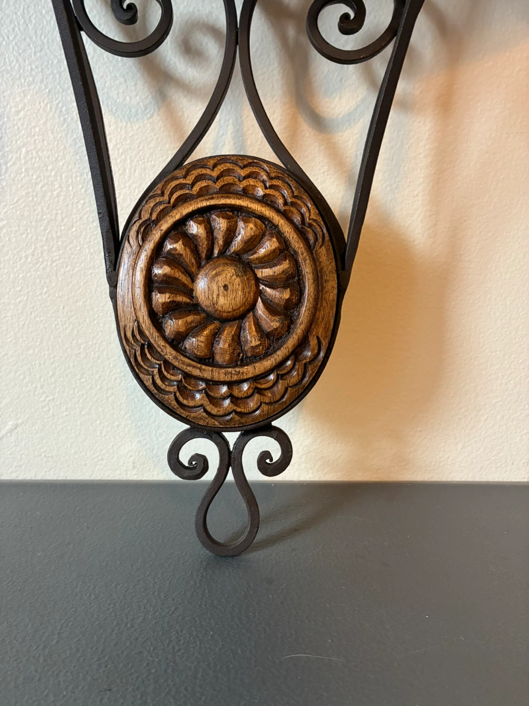 Wooden and Metal Wall Shelf with Decorative Wood Carving - photo 3