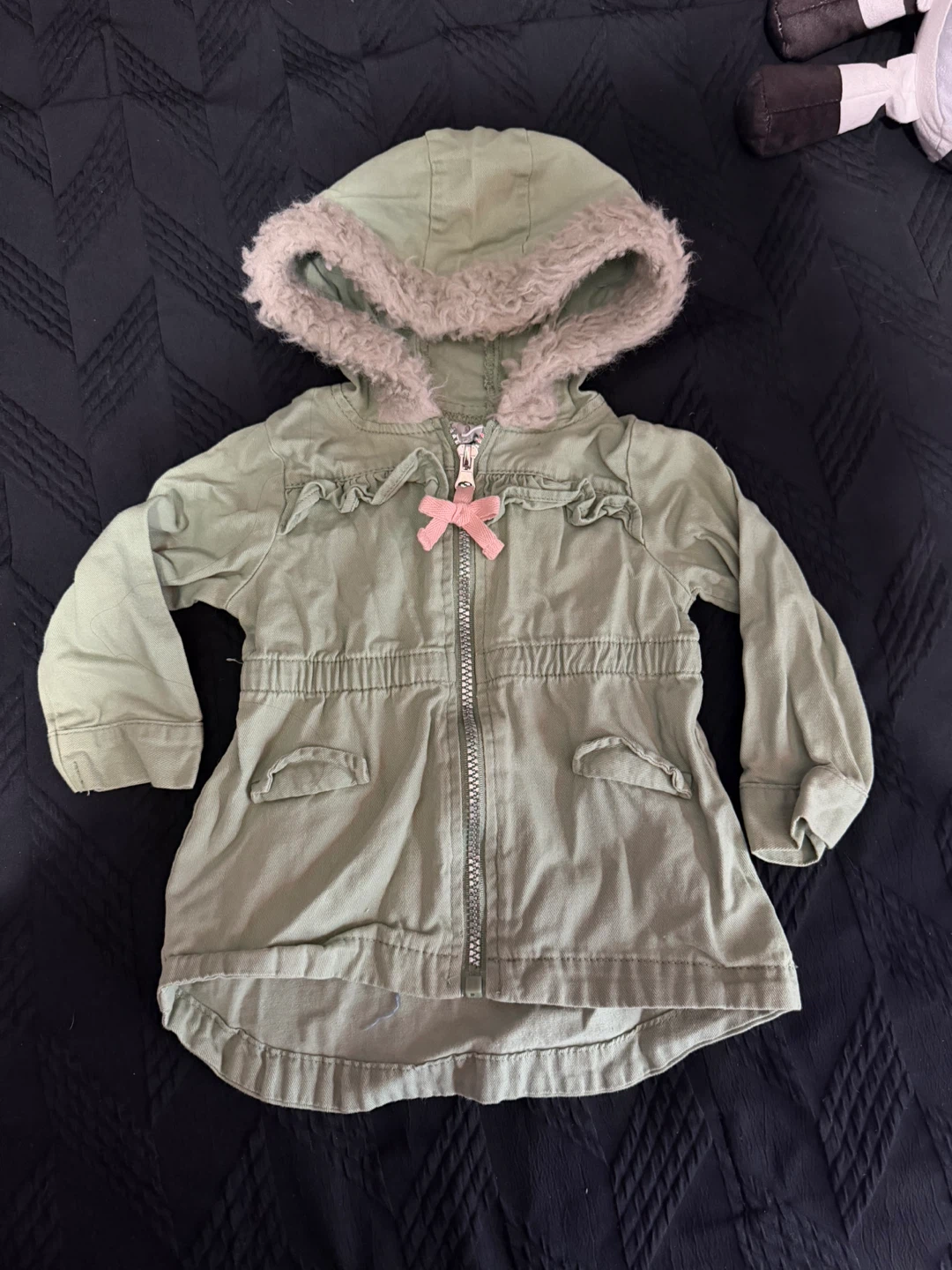 Green Hooded Jacket with Faux Fur Trim