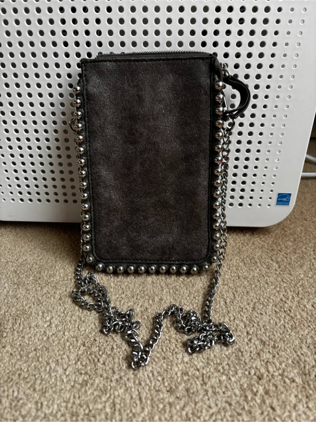 Grey Suede Studded Crossbody Bag