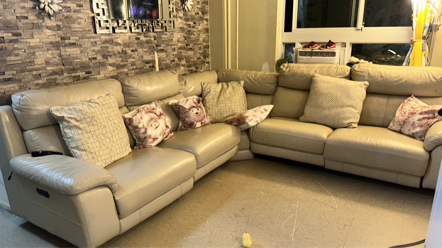 Cream Leather Sectional Sofa with Recliner - photo 2