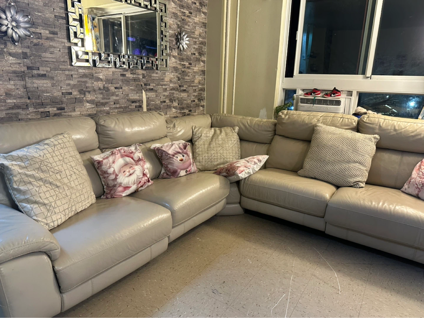 Cream Leather Sectional Sofa with Recliner