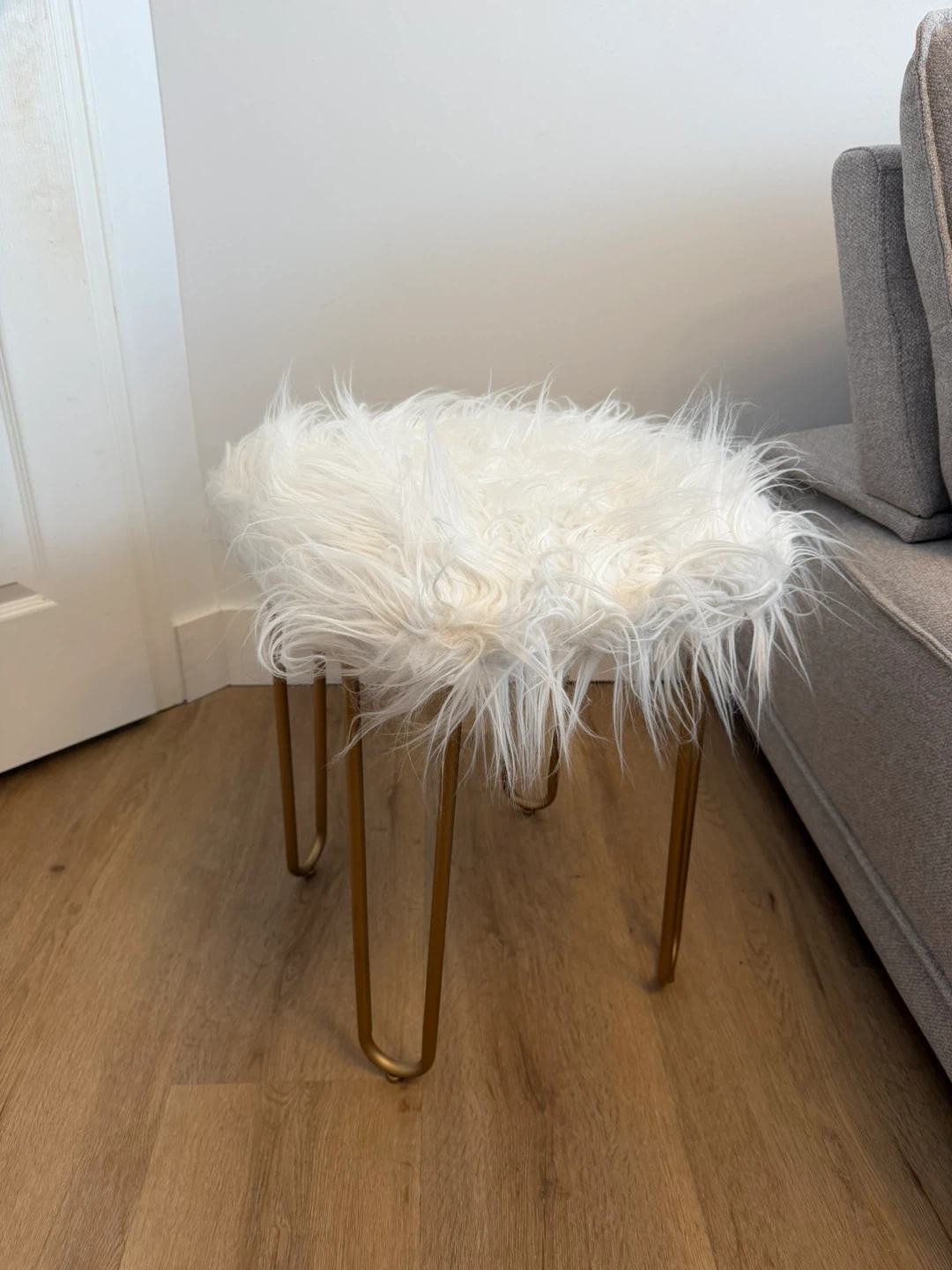 White Faux Fur Stool with Gold Legs