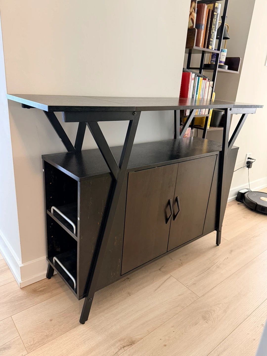 Black Storage Cabinet with Shelves and Doors