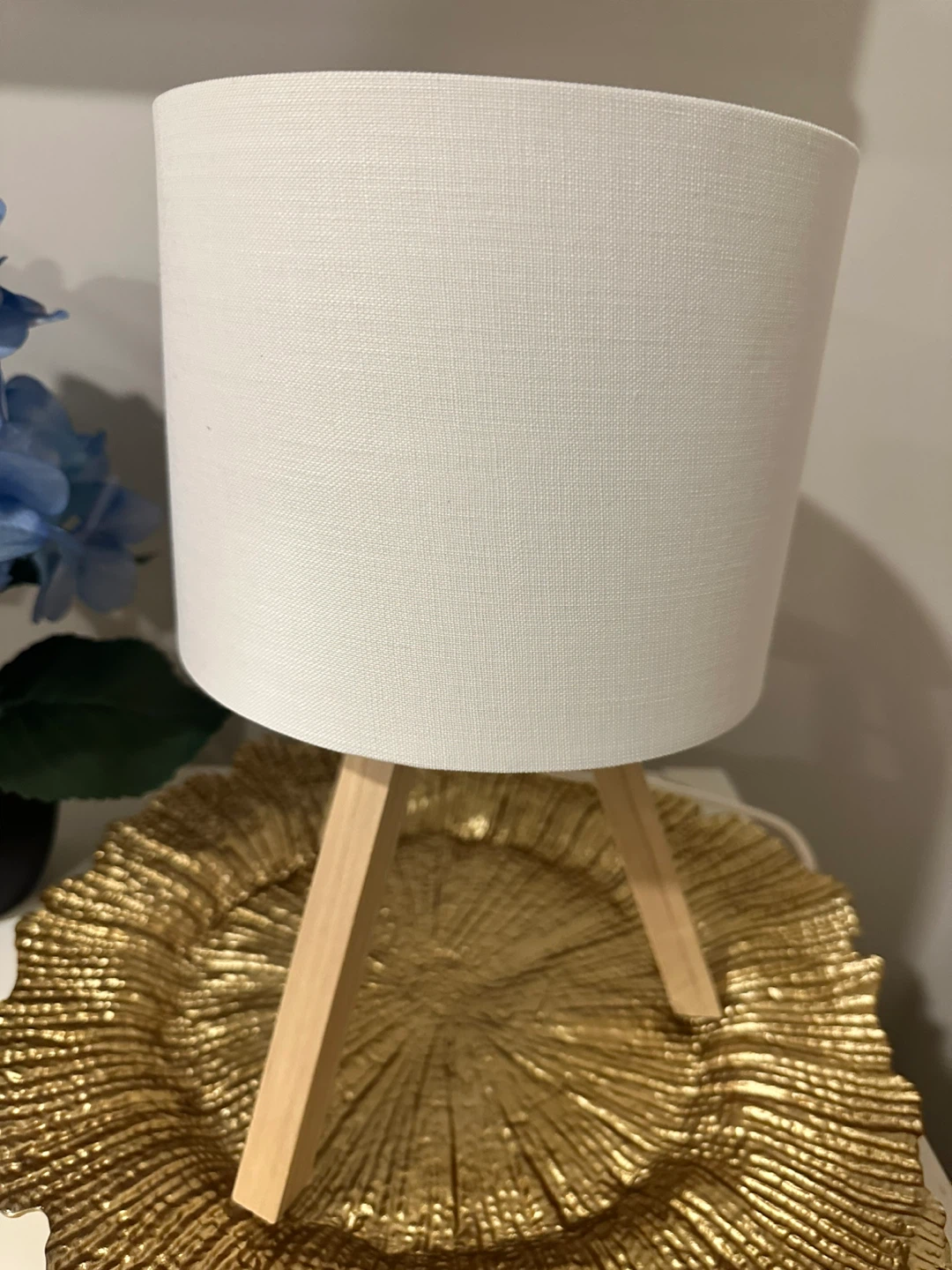 White Drum Lamp with Wooden Tripod Base (ikea)