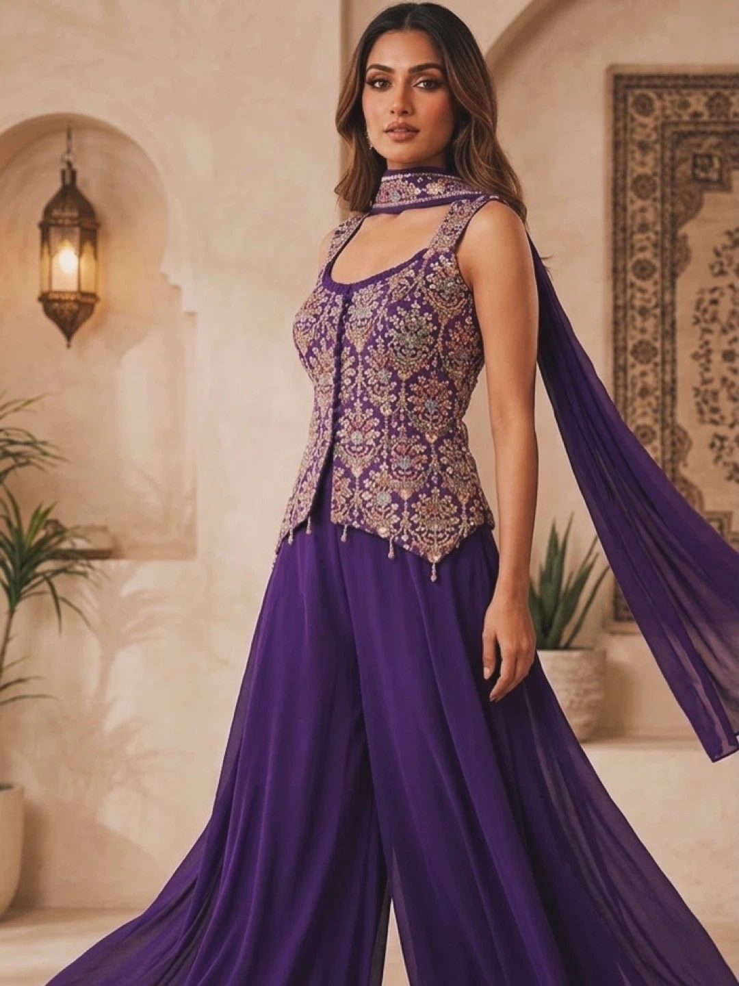 Purple Embroidered Sleeveless Palazzo Suit with Scarf
