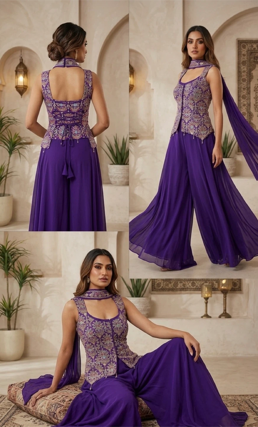 Purple Embroidered Sleeveless Palazzo Suit with Scarf - photo 2