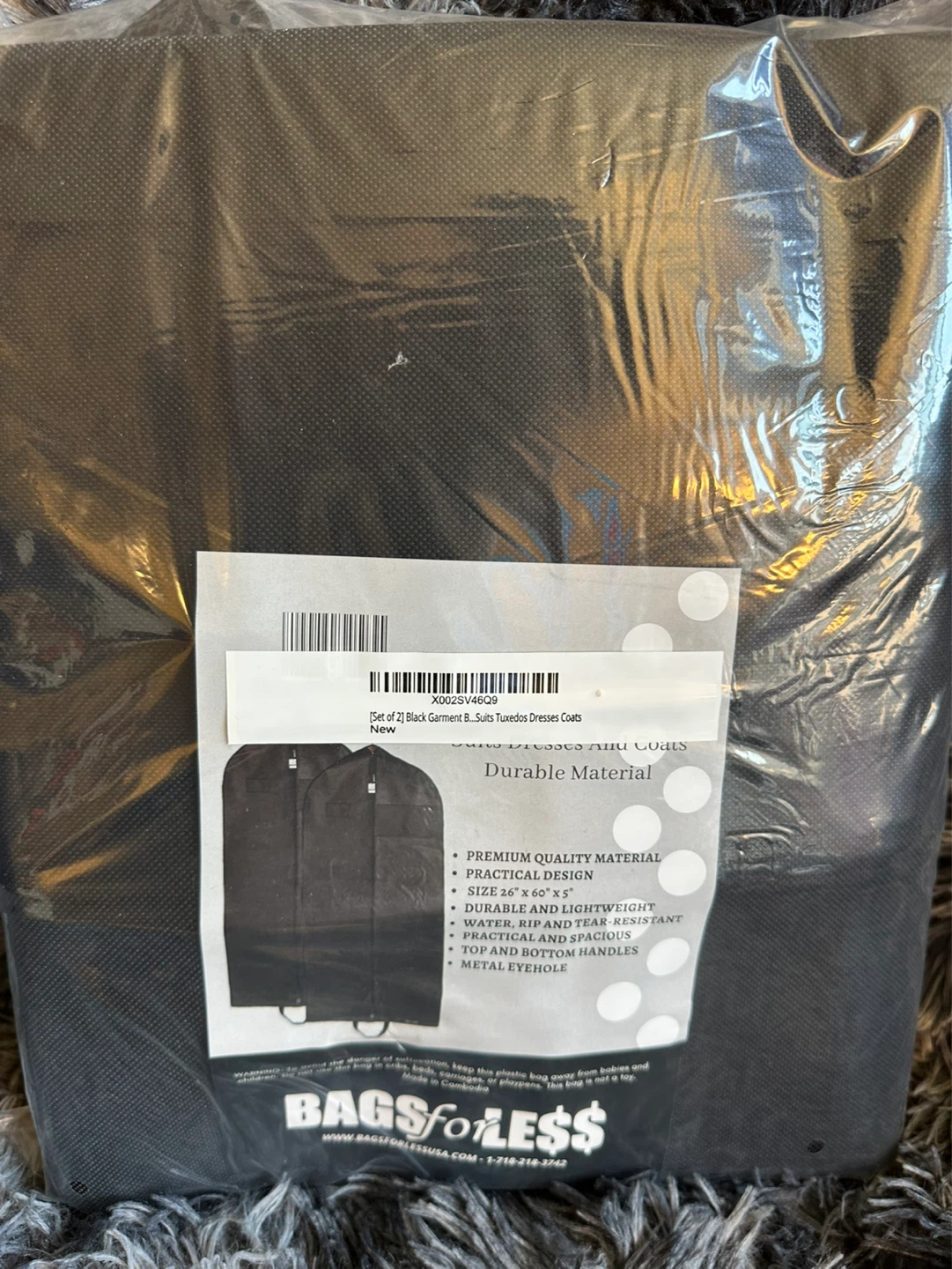 Set of 2, 60 Inch Black Garment Bags