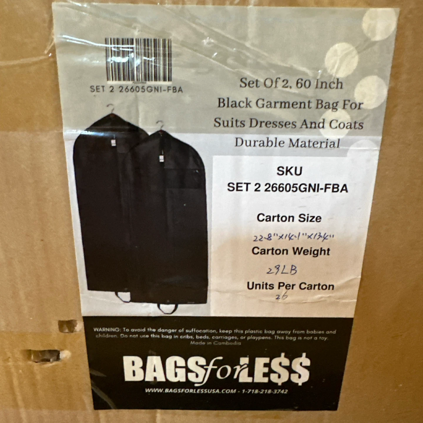 Set of 2, 60 Inch Black Garment Bags - photo 2