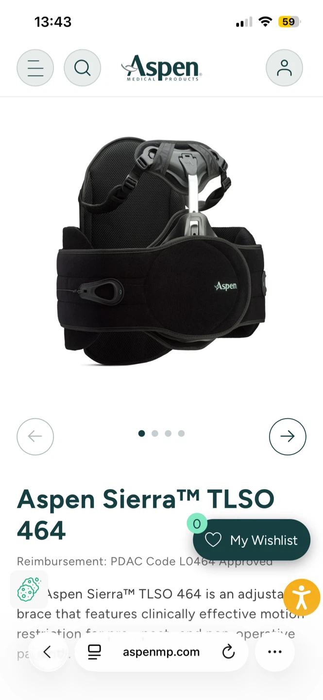 Aspen Sierra TLSO 464 Adjustable Back Brace