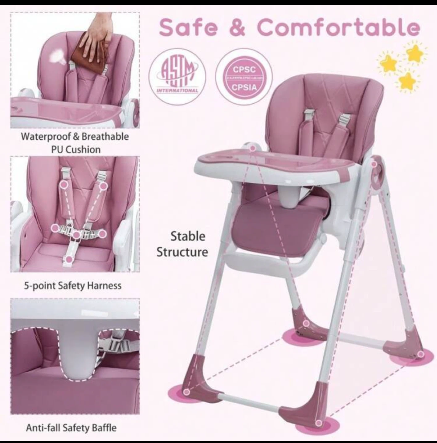Pink Adjustable Baby High Chair with 5-point Harness