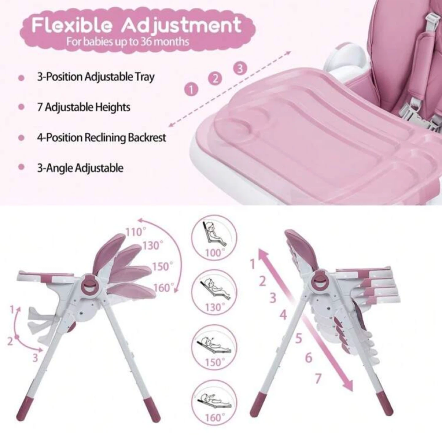 Pink Adjustable Baby High Chair with 5-point Harness - photo 2