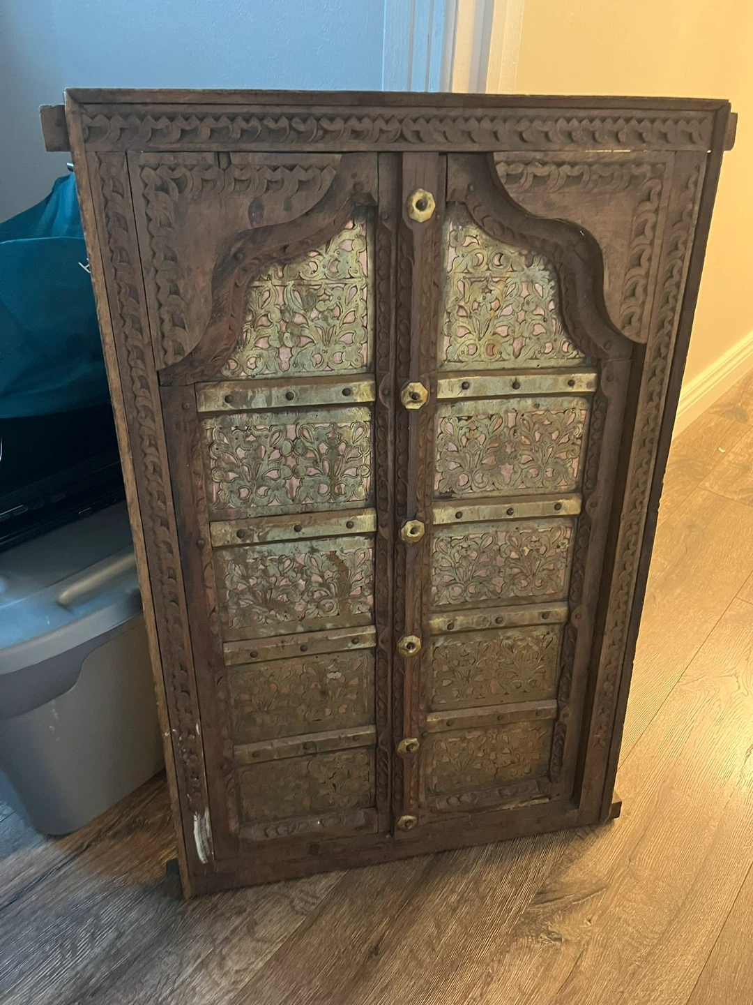 Carved Wooden Cabinet with Brass Inlay