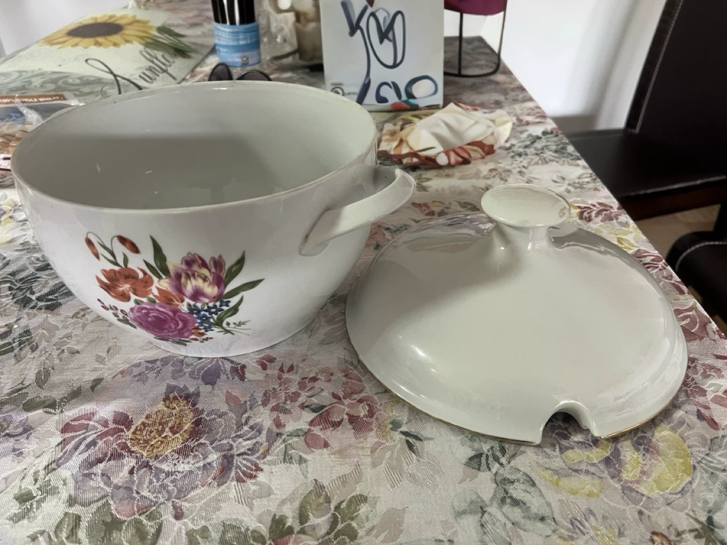 White Ceramic Soup Tureen with Floral Design