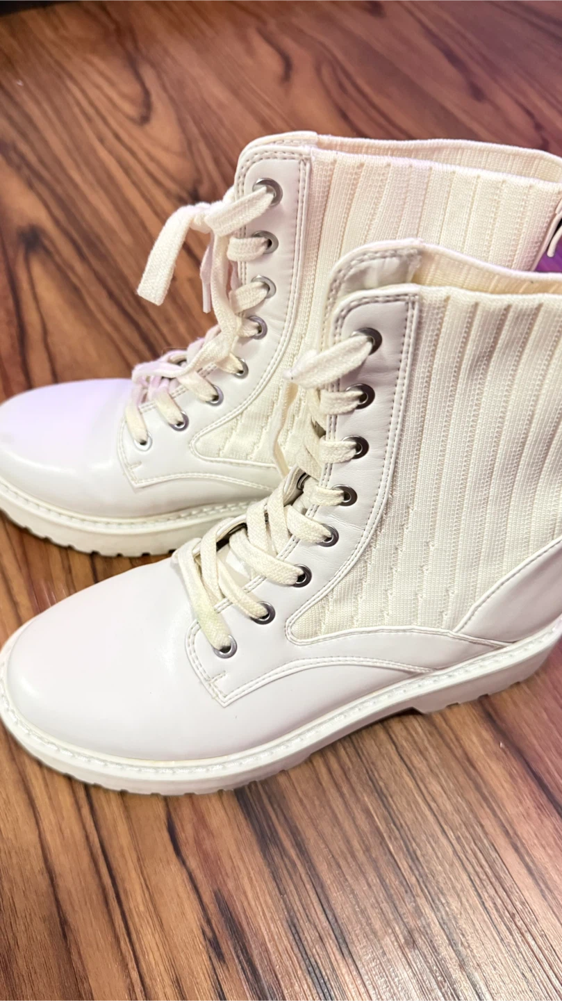 Cream White Lace-Up Combat Boots with Knit Ankle