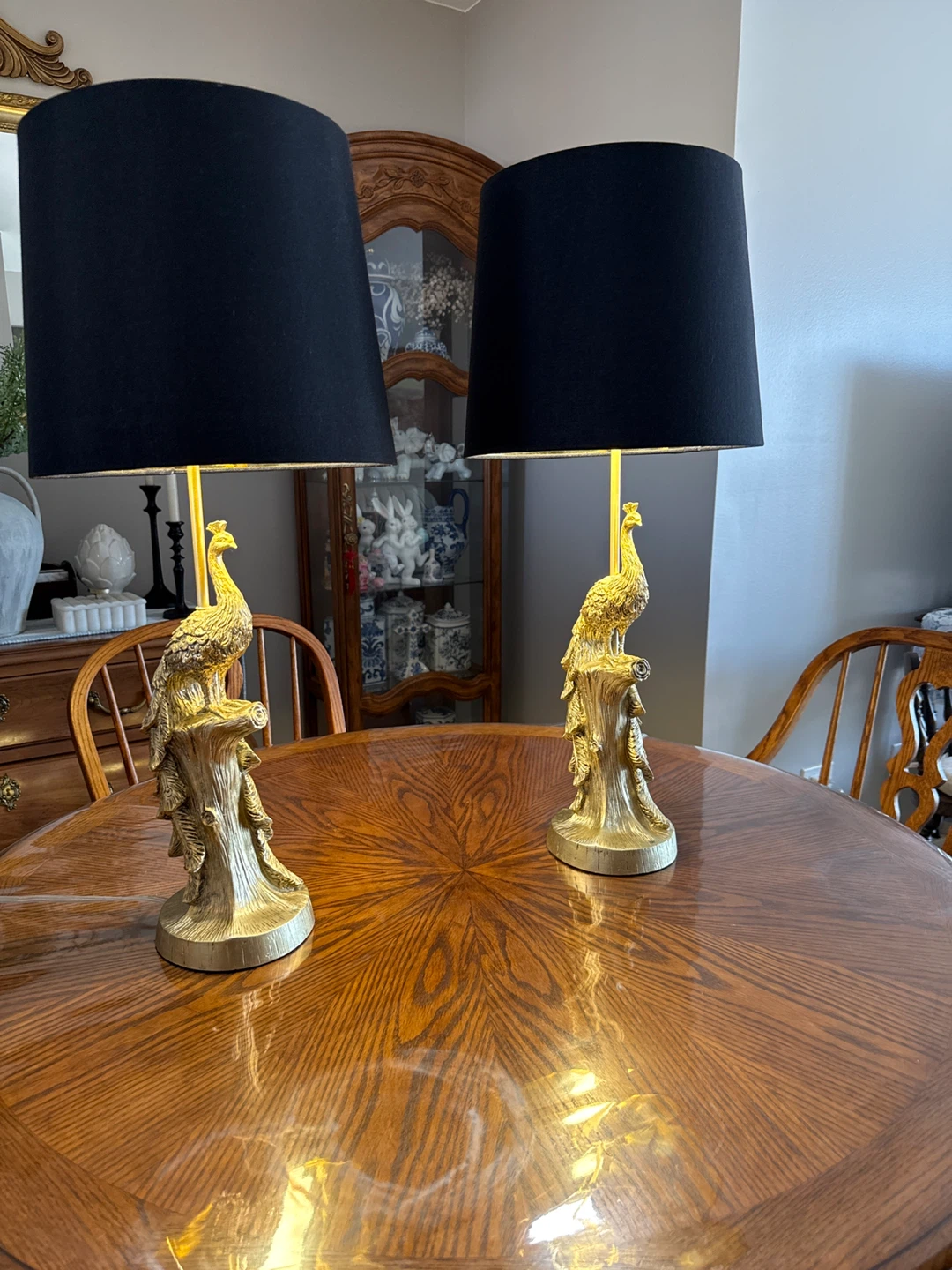 Pair of Gold Peacock Table Lamps with Black Shades - photo 2