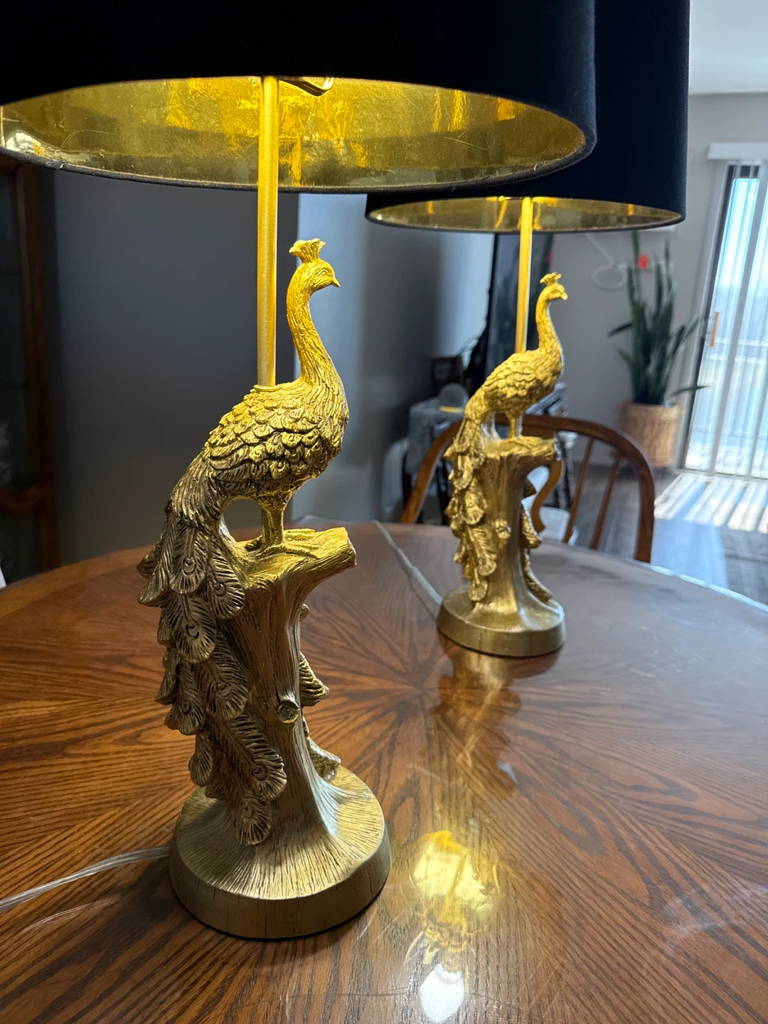 Pair of Gold Peacock Table Lamps with Black Shades - photo 3