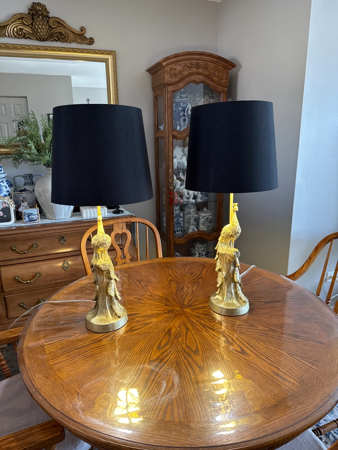 Pair of Gold Peacock Table Lamps with Black Shades