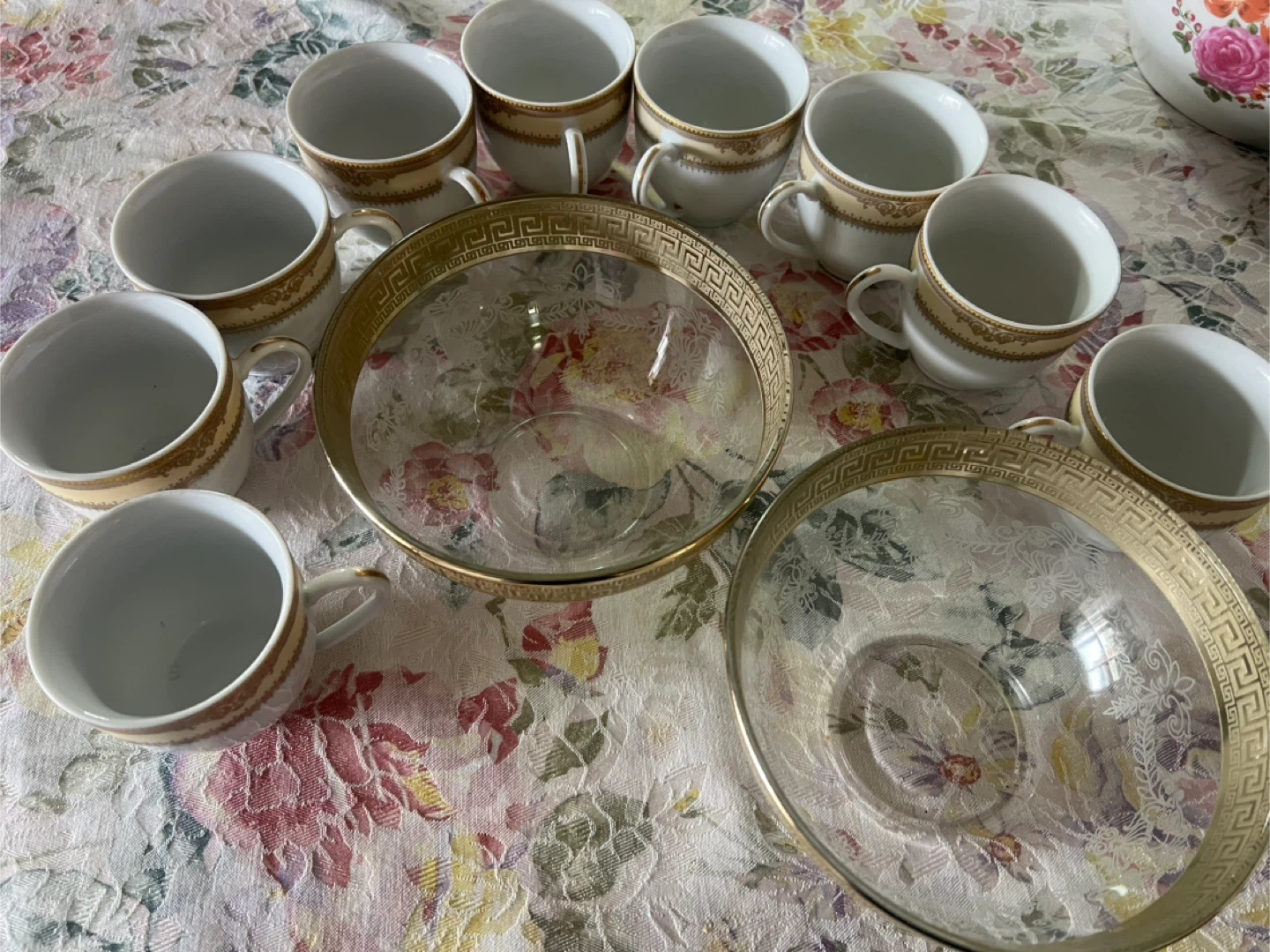 Set of 8 Coffee Cups and 2 Glass Bowls with Gold Trim