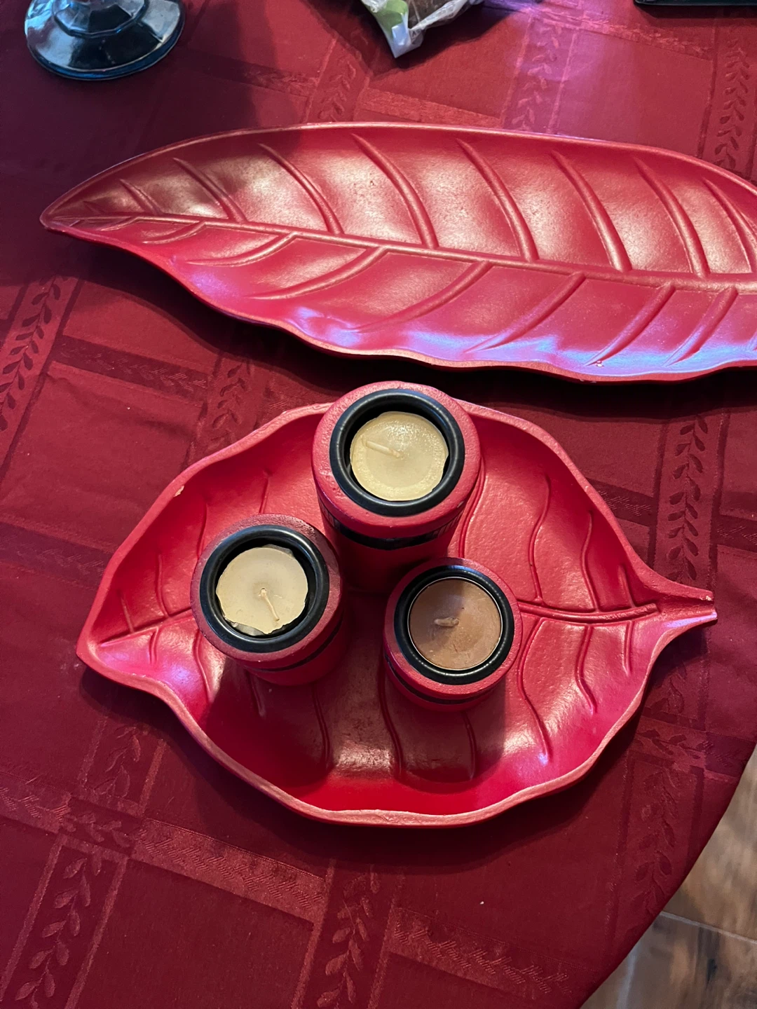 Red Leaf Shaped Candle Holder Set