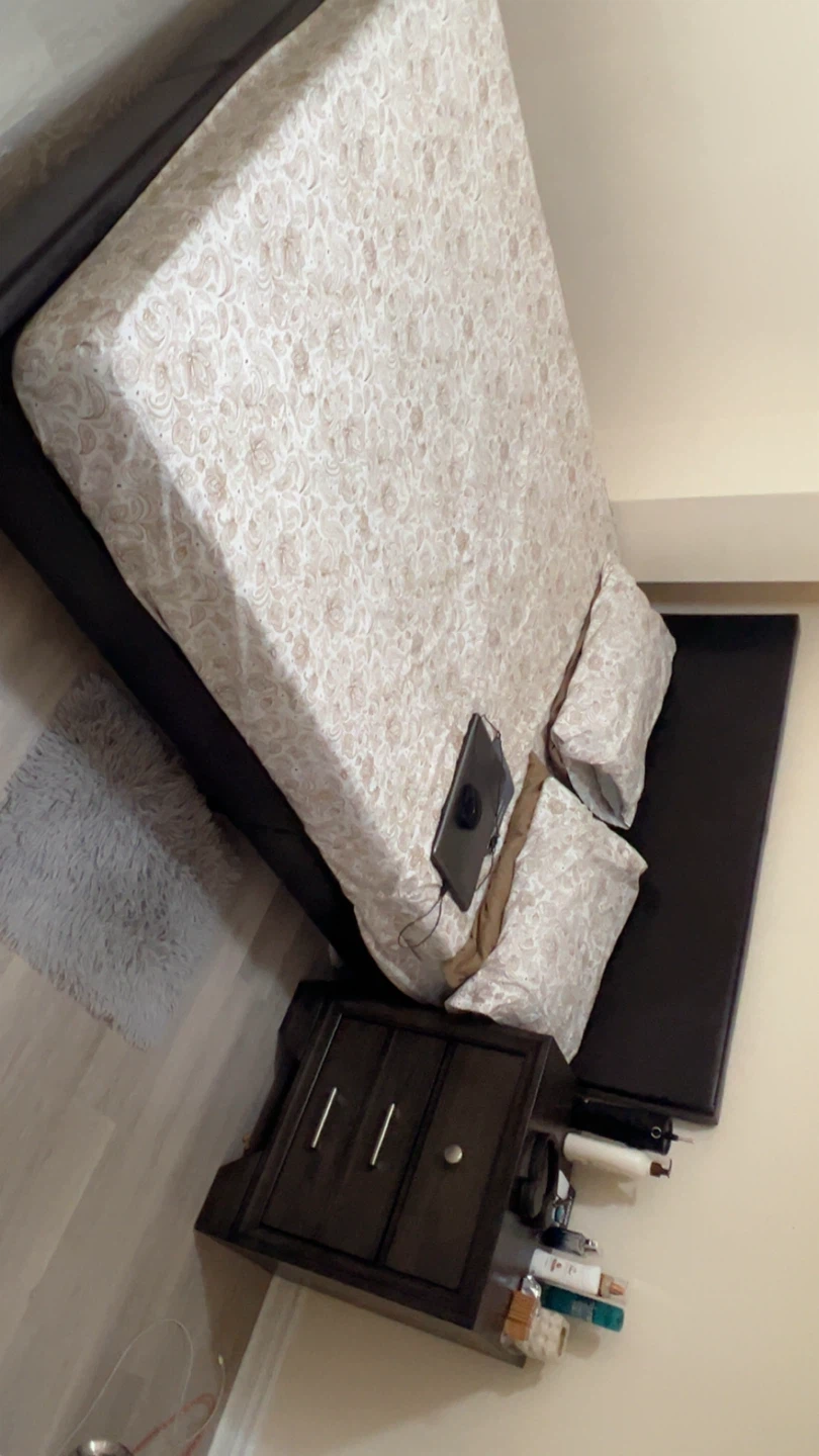 Queen size bed and mattress and Brown wood nightstand