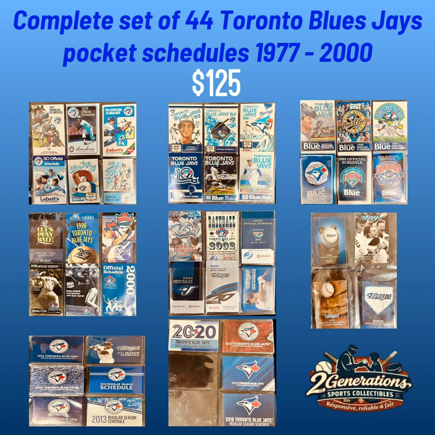 Complete set of 44 Toronto Blue Jays pocket schedules 1977-2000