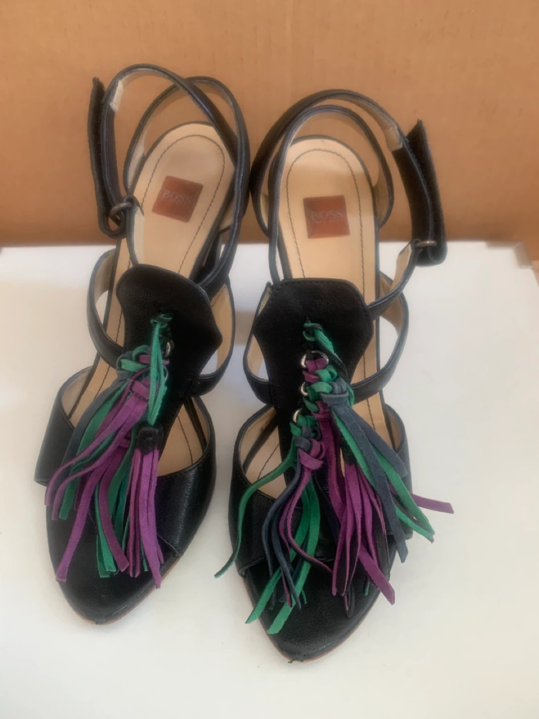 Hugo Boss Black Leather Tassel Heels Size 8