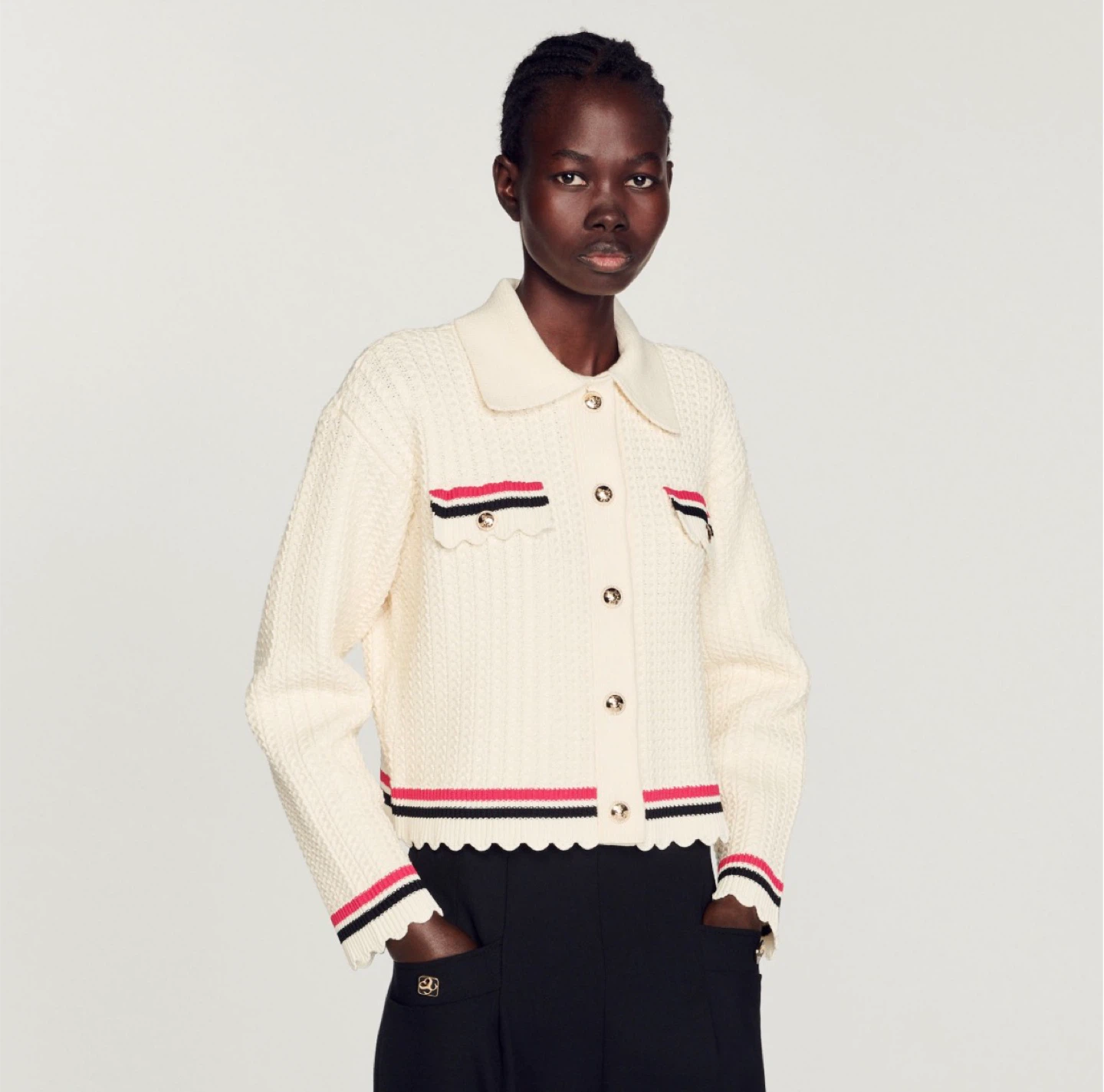 BNWT Sandro White Knit Cardigan with Striped Trim