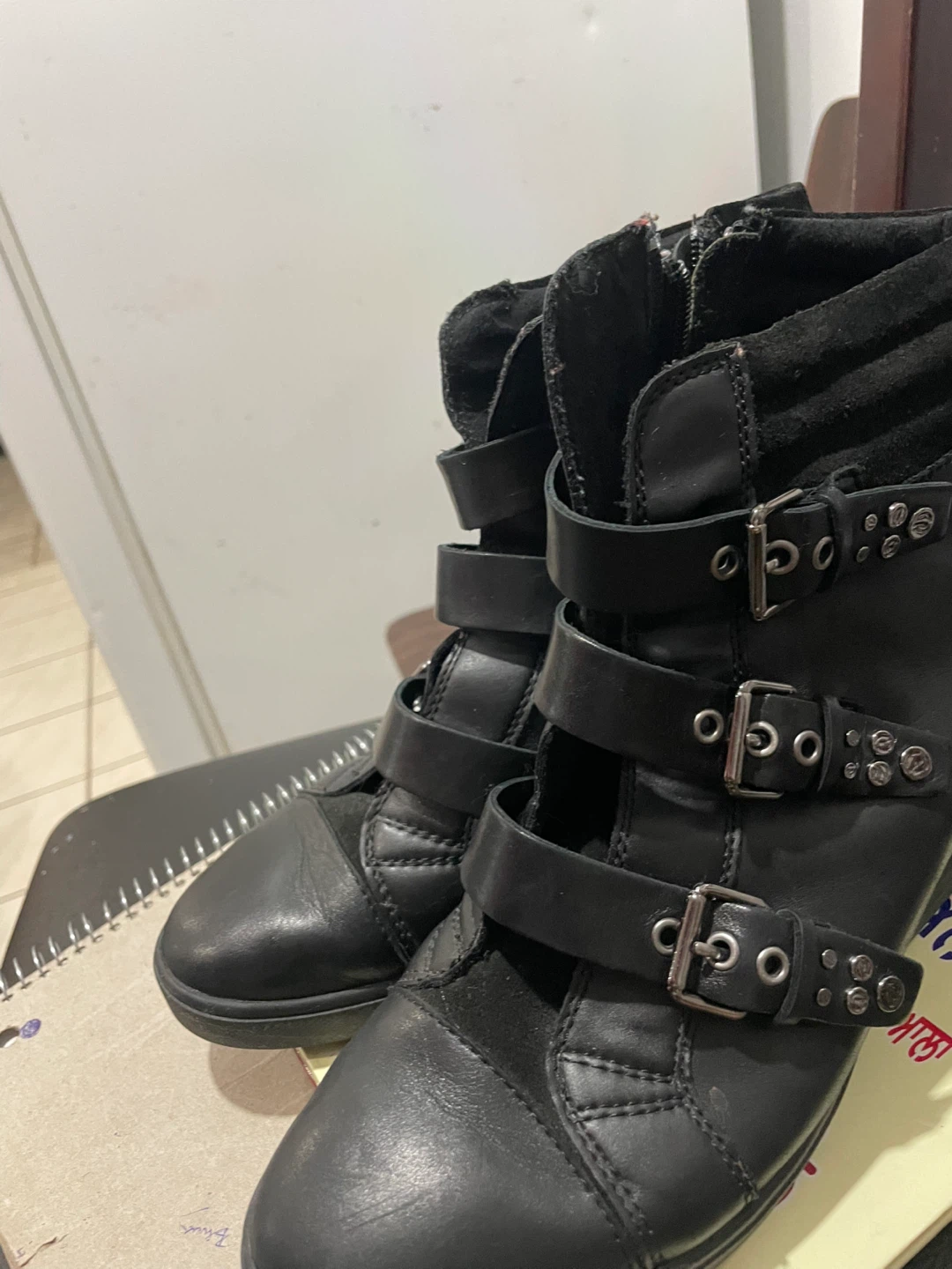 GEOX Black Leather Wedge Ankle Boots with Buckles - photo 2