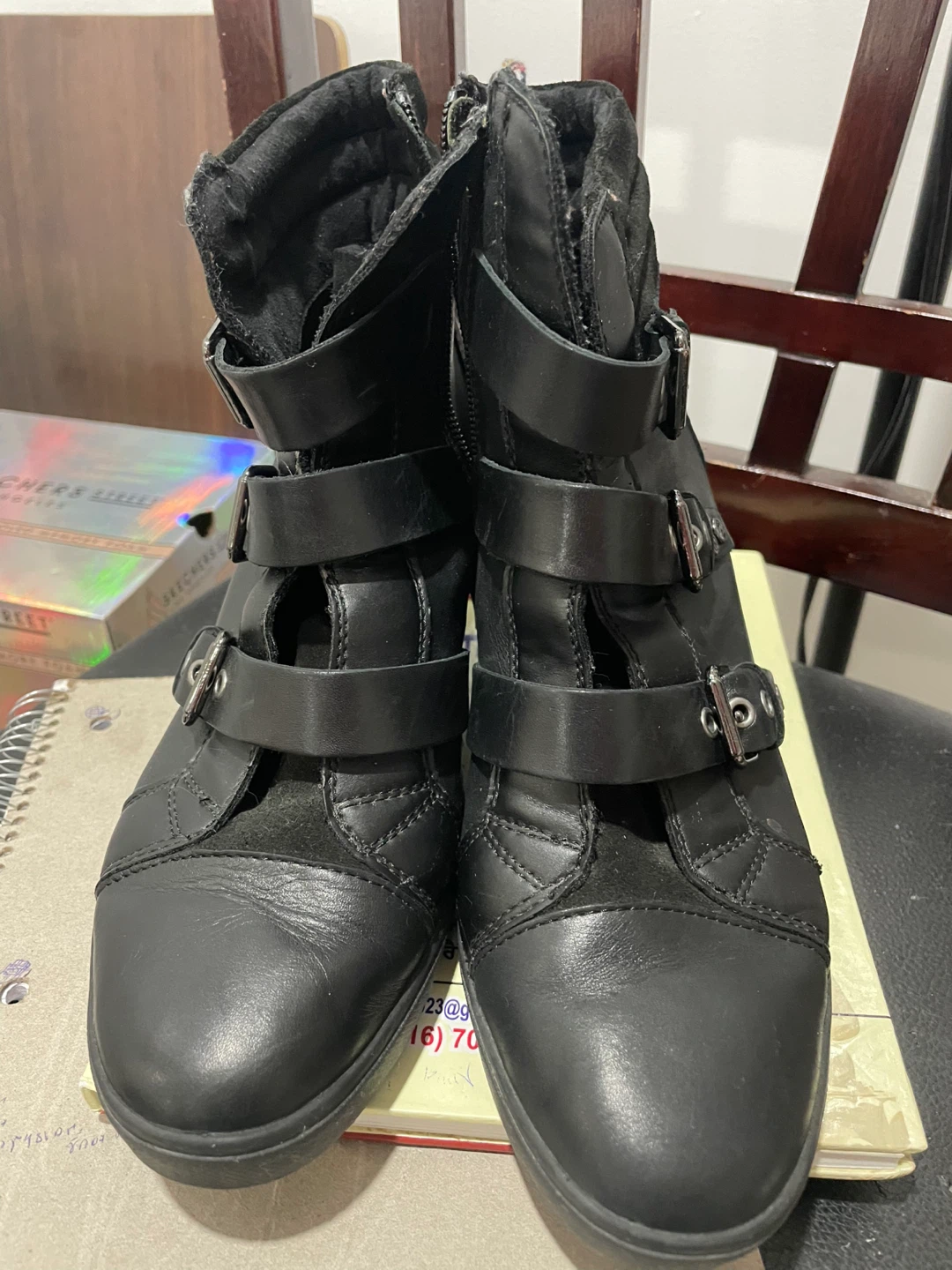 GEOX Black Leather Wedge Ankle Boots with Buckles