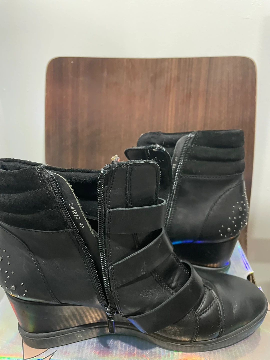 GEOX Black Leather Wedge Ankle Boots with Buckles - photo 4