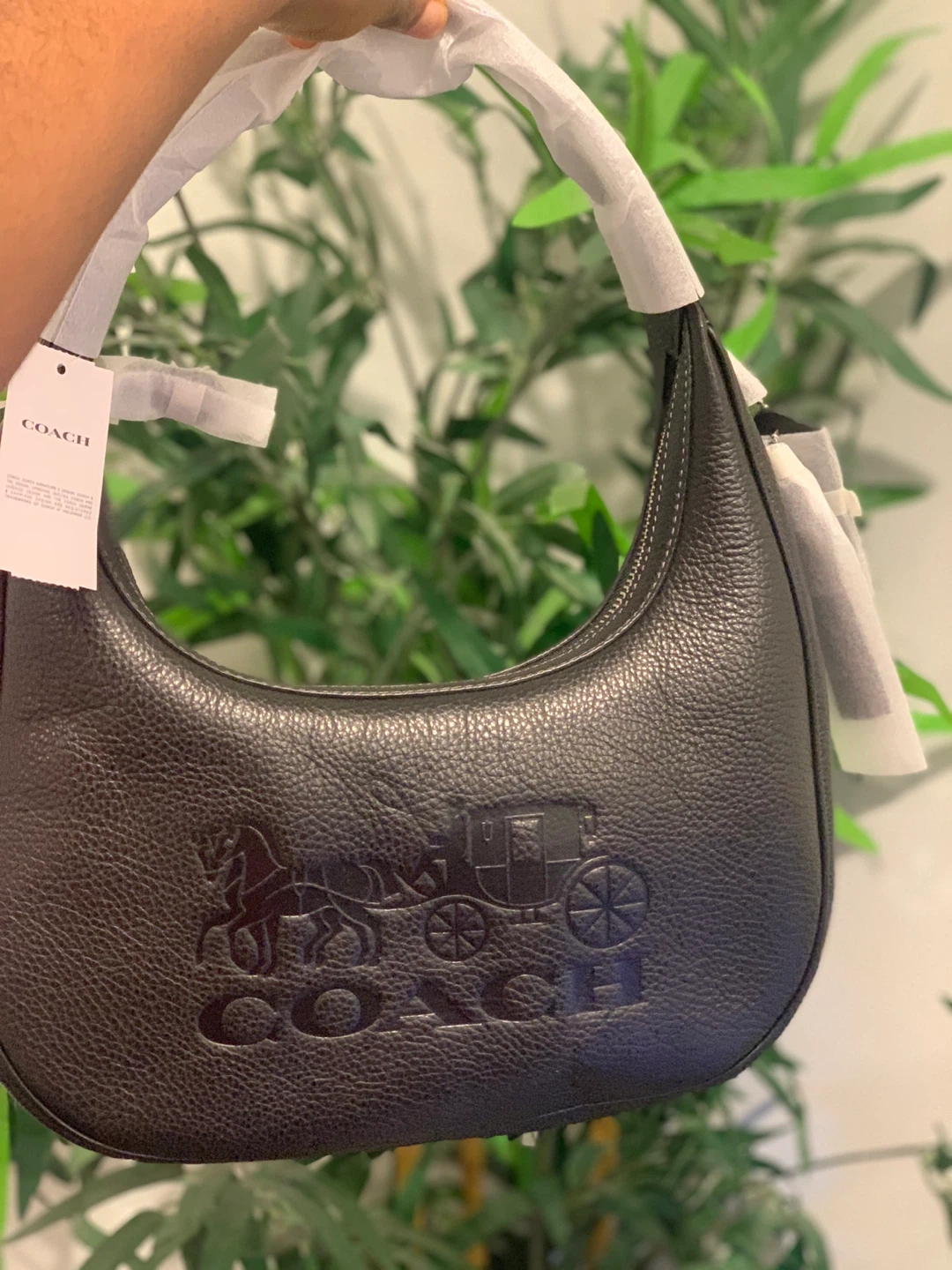 Coach Black Leather Hobo Handbag with Horse and Carriage Logo