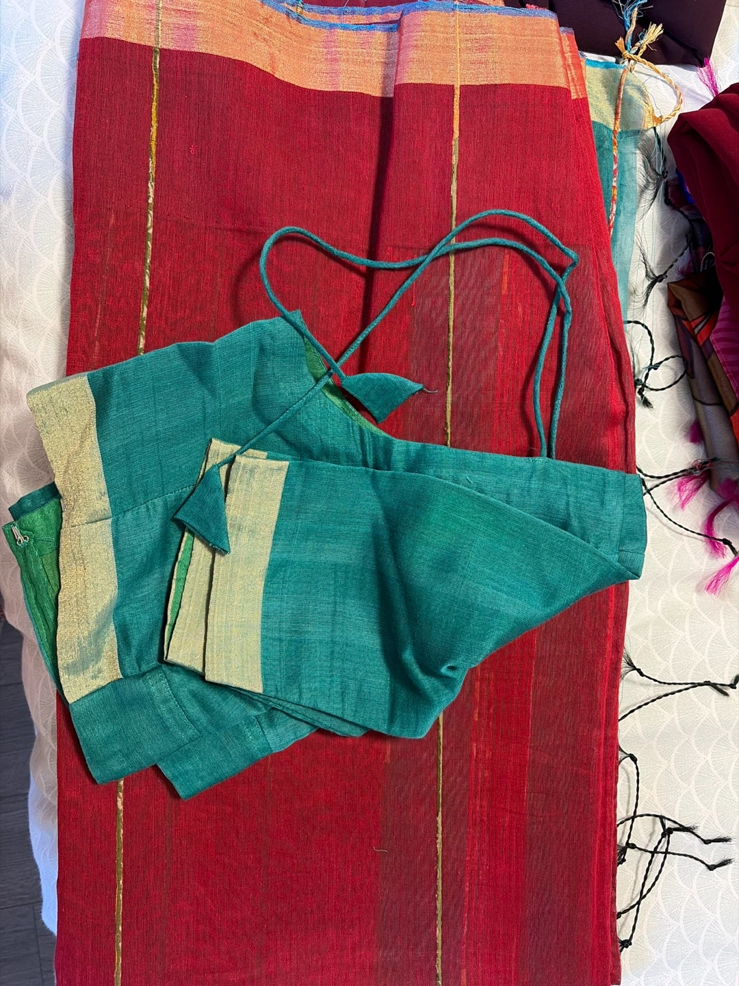 Red Saree with Teal Blouse Piece