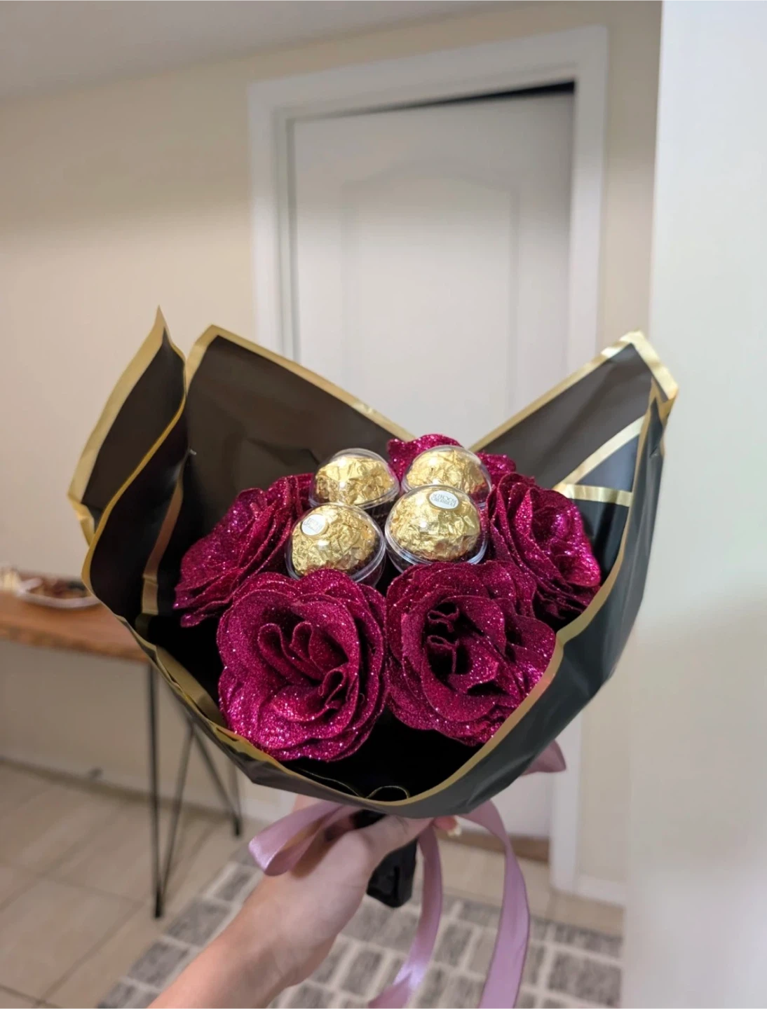 Glitter Rose Bouquet with Teddy Bear and Butterflies