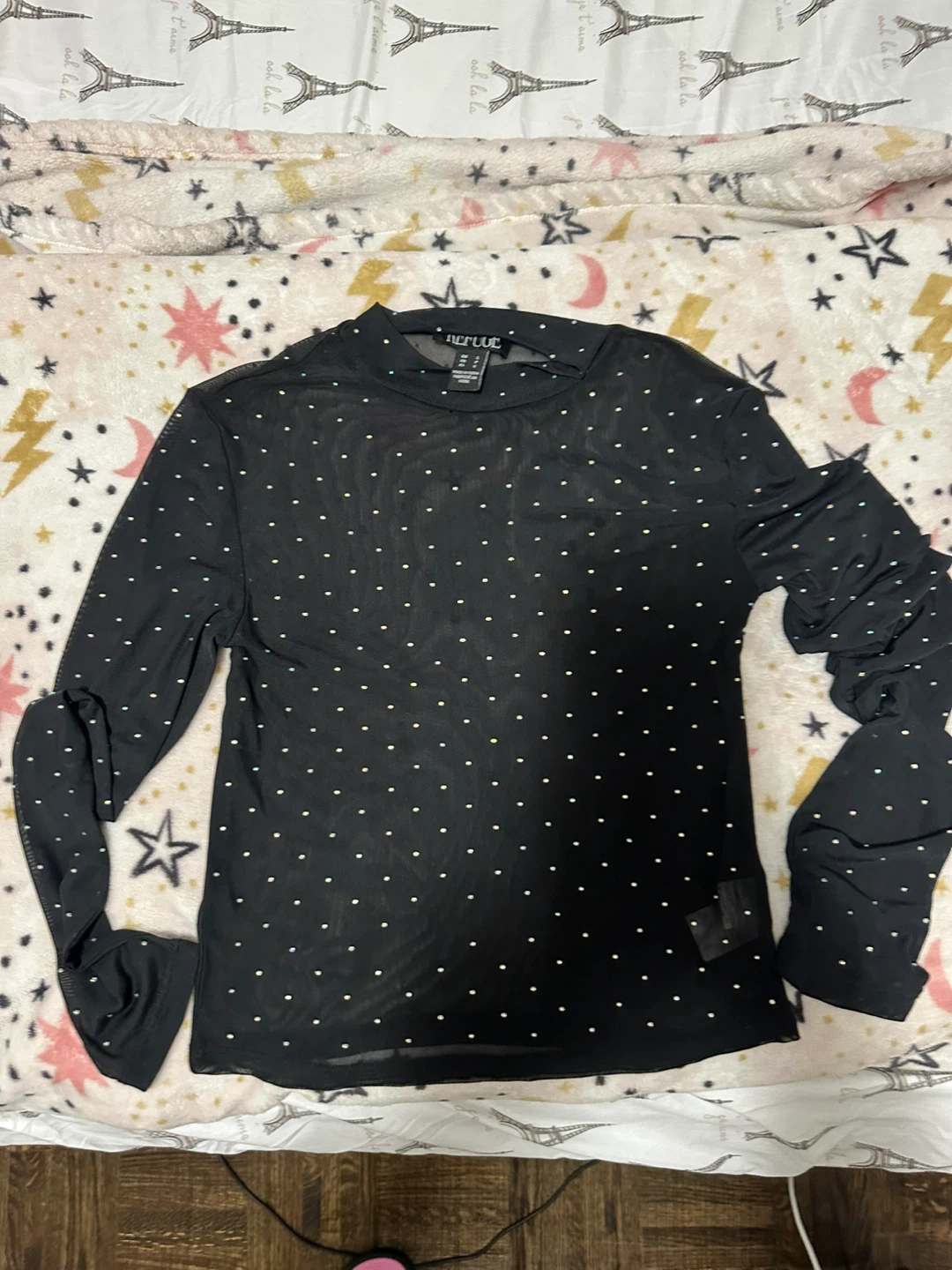 Black Mesh Long Sleeve Top with Rhinestones