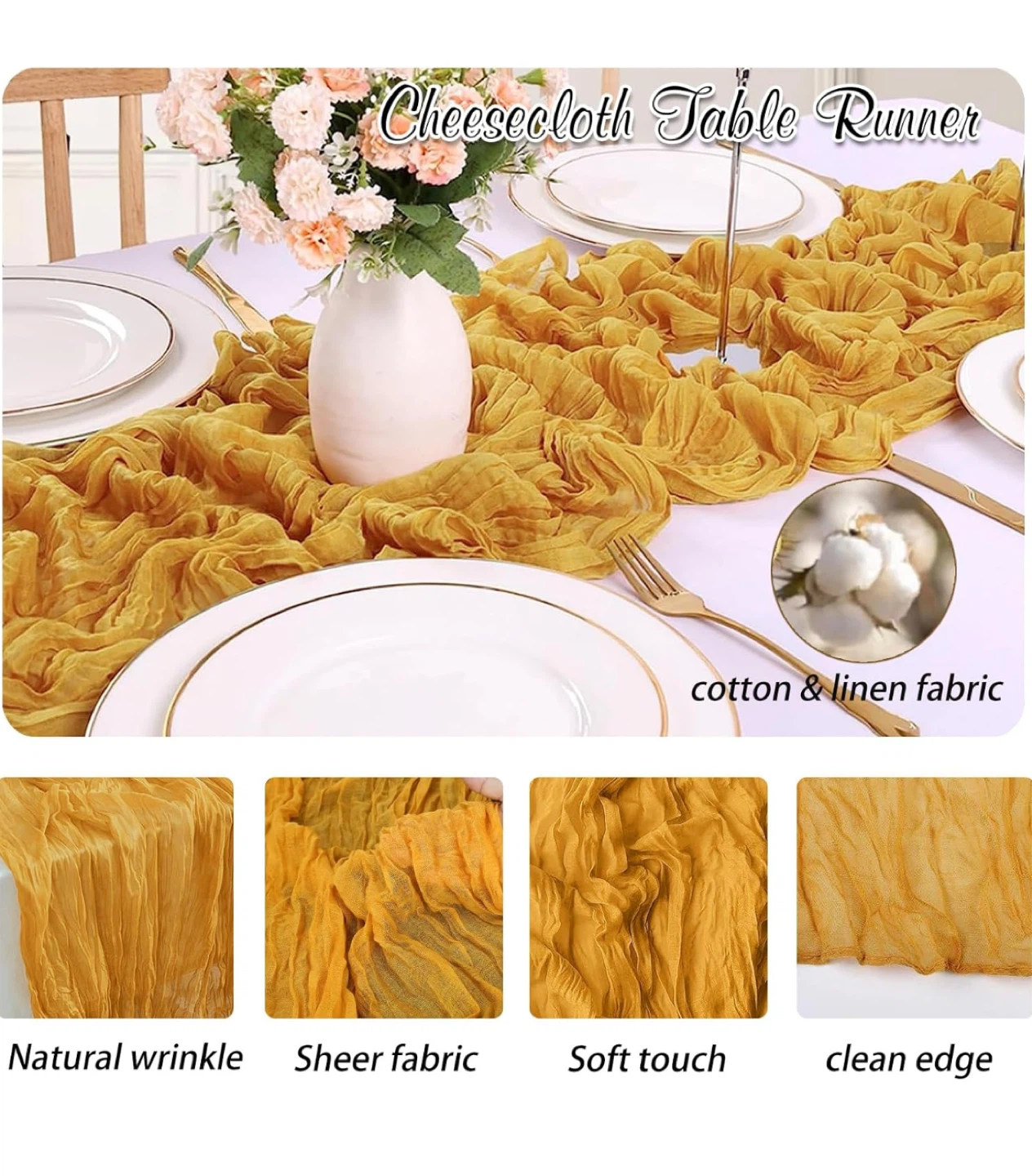 9 pcs Mustard Yellow Cheesecloth Table Runner - 120in x 35in - photo 5