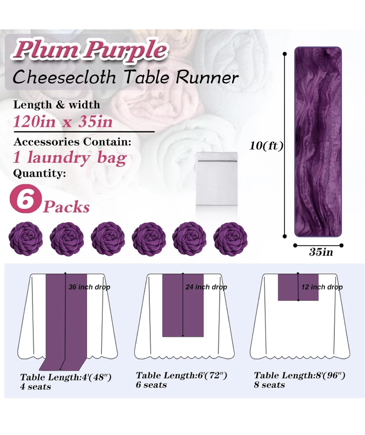 6 Pcs Plum Purple Cheesecloth Table Runner - photo 2