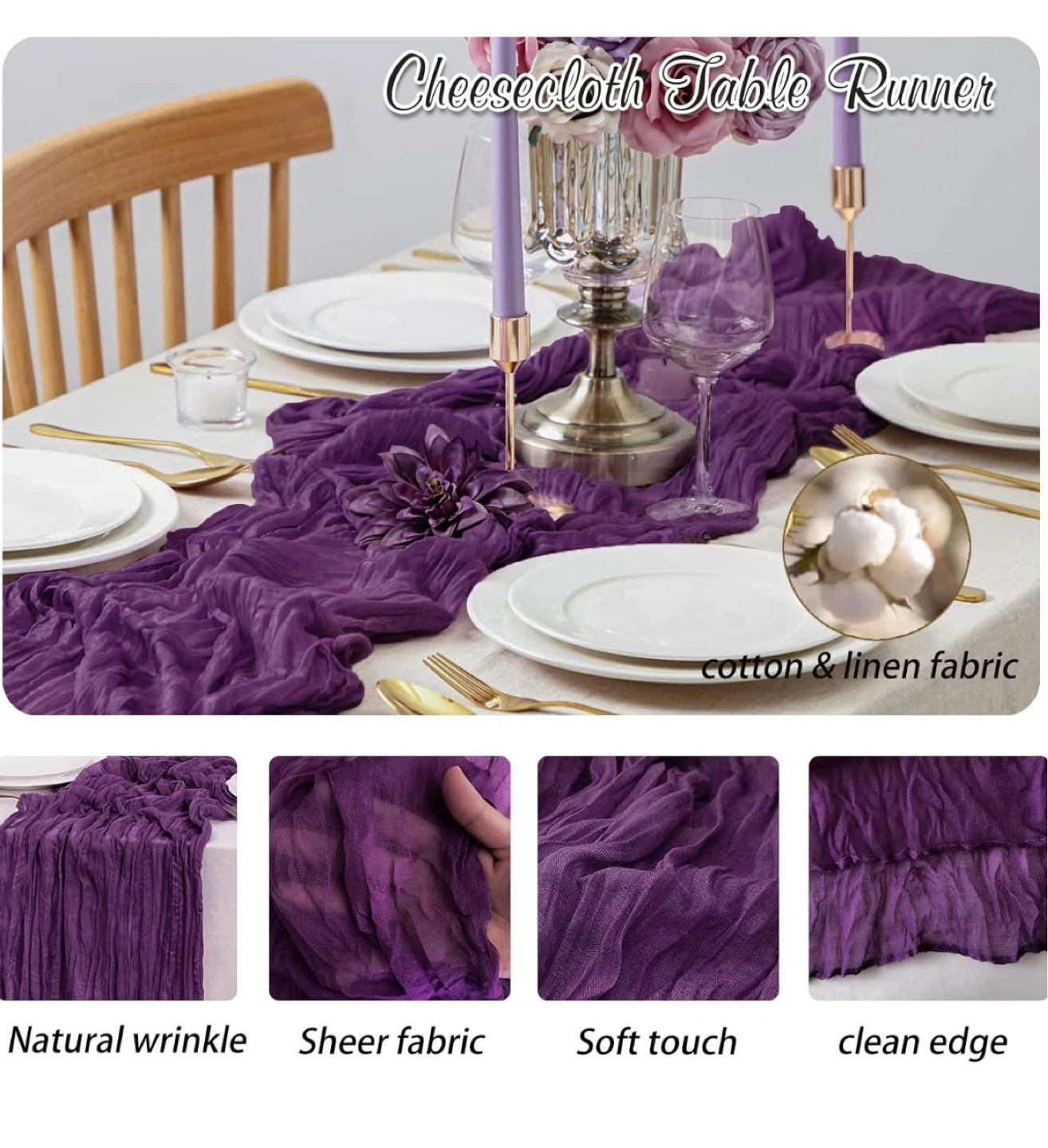 6 Pcs Plum Purple Cheesecloth Table Runner - photo 3